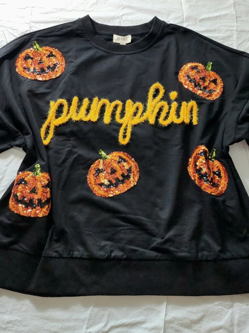 BIBI Black & Orange 'Pumpkin' Sequin Halloween Thin Long Sleeve 🎃 Small